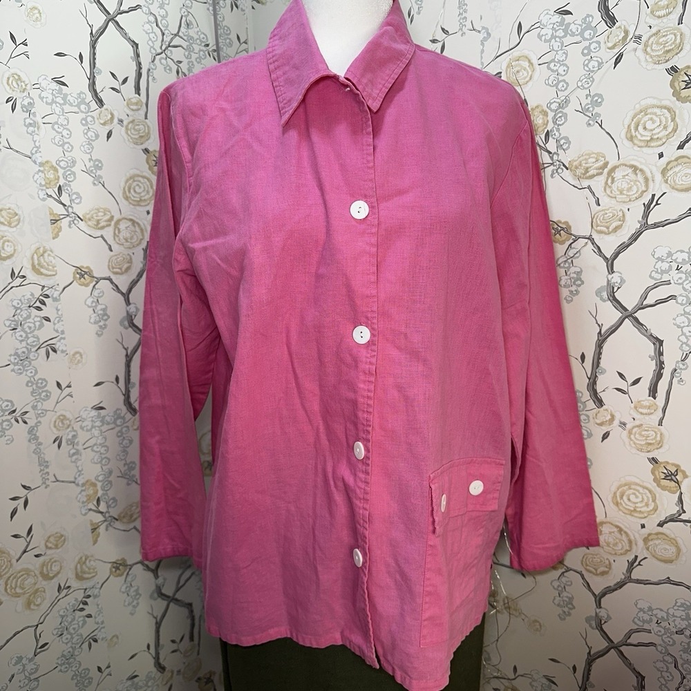 Denim Co Linen Cotton Button Up Shirt Women's Sz M‎ Long Sleeves Collared Pink
